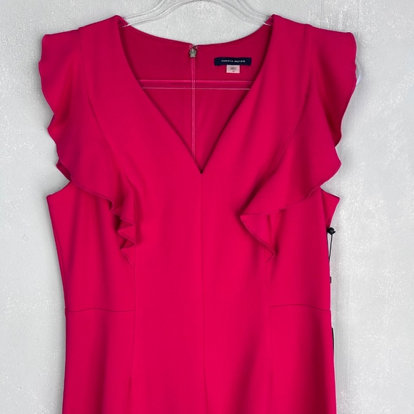 Tommy Hilfiger fit & flare dress size 10 ruffle sleeve crepe knit hot pink NEW - Picture 2 of 12